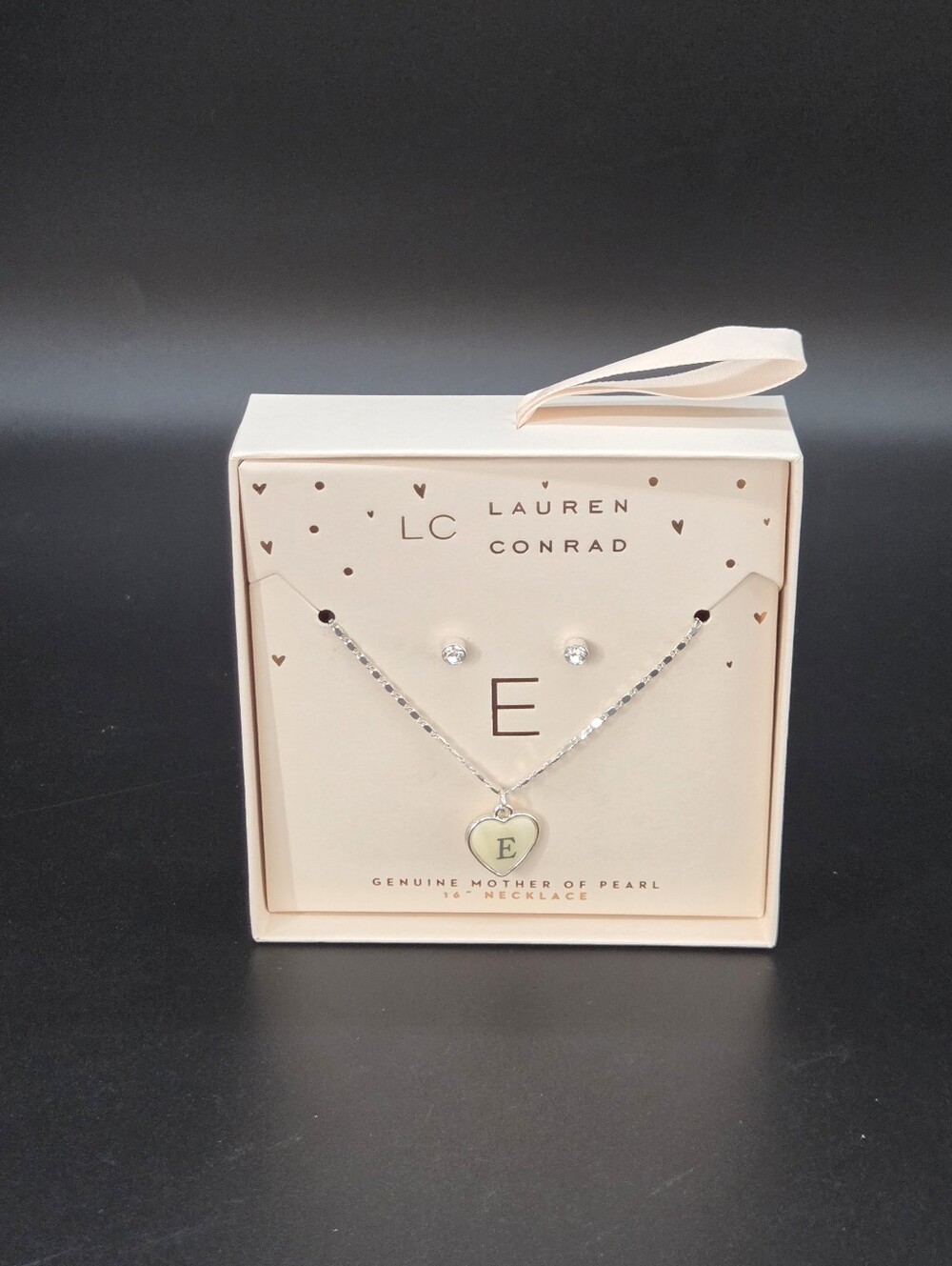 LC Lauren Conrad Pale Pink Heart Initial E Necklace & Studs